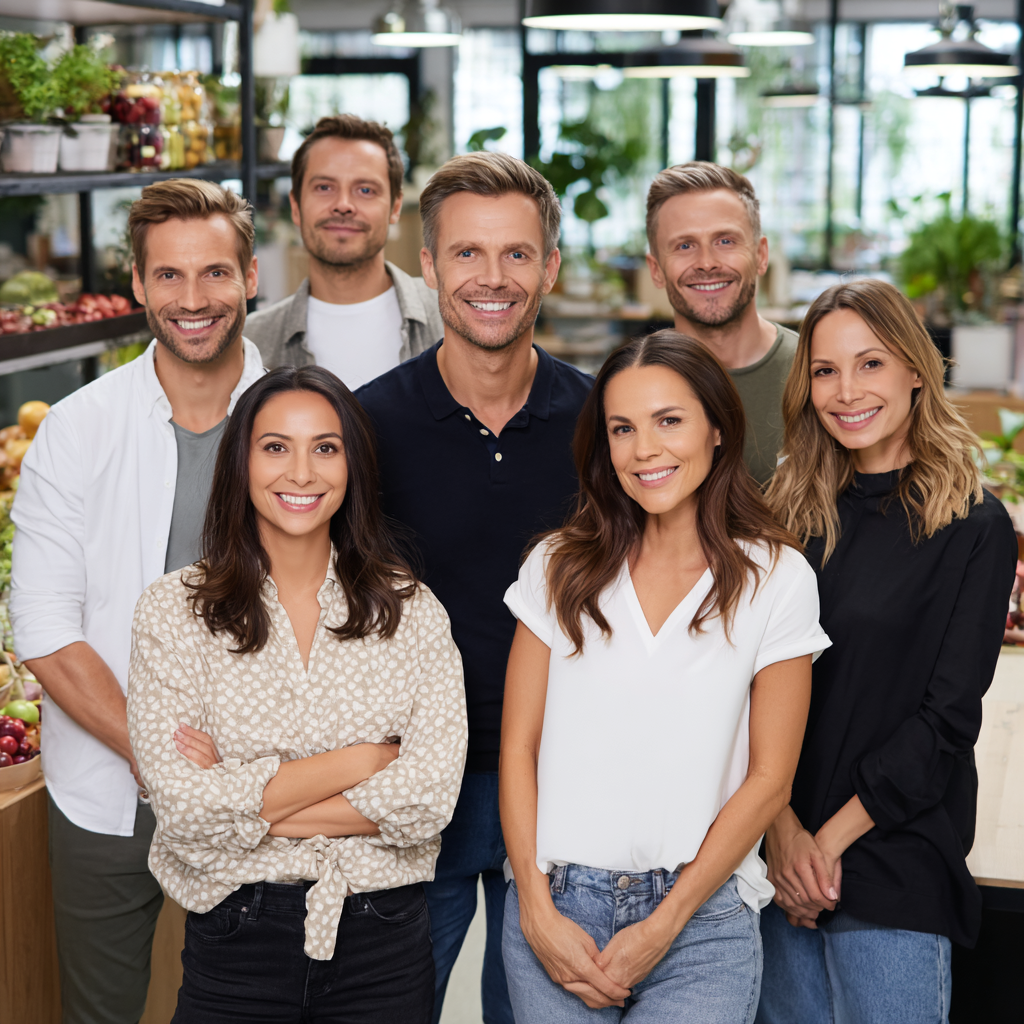 Щаслива європейська жінка середнього віку посміхається, тримаючи свіжі овочі та фрукти, реалістичний стиль фотографії