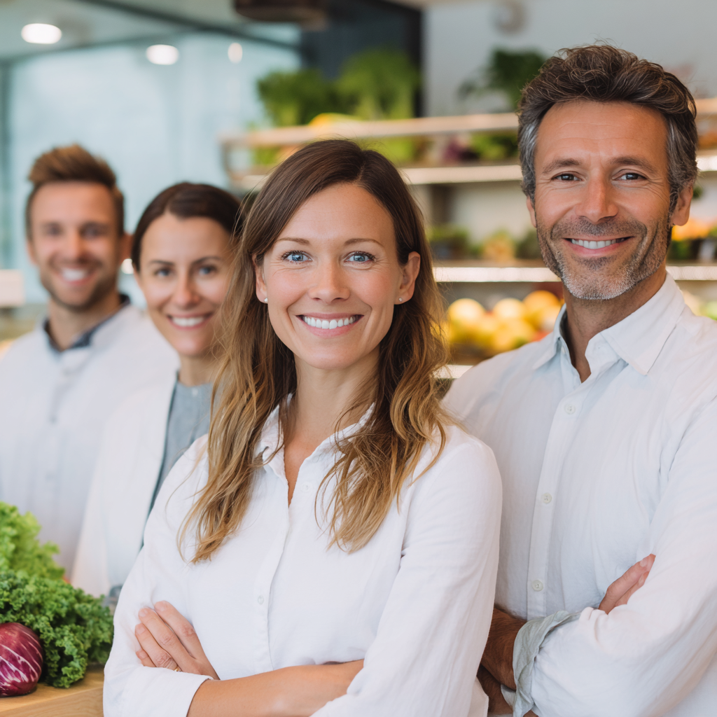 Молода європейська жінка посміхається під час приготування здорової їжі на кухні, реалістичний стиль фотографії